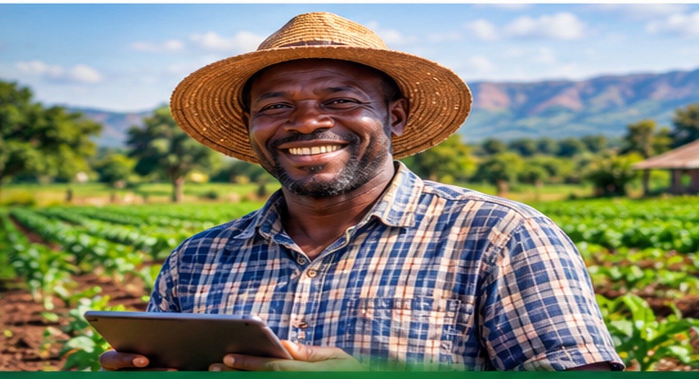 Zambian farmer checking his crops on a tablet